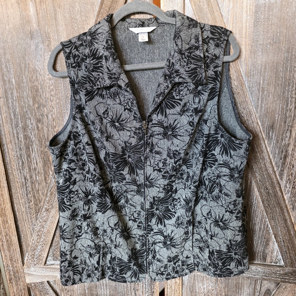 Christopher & Banks Vest Women's Size XL Charcoal Gray & Black Floral Full Zip